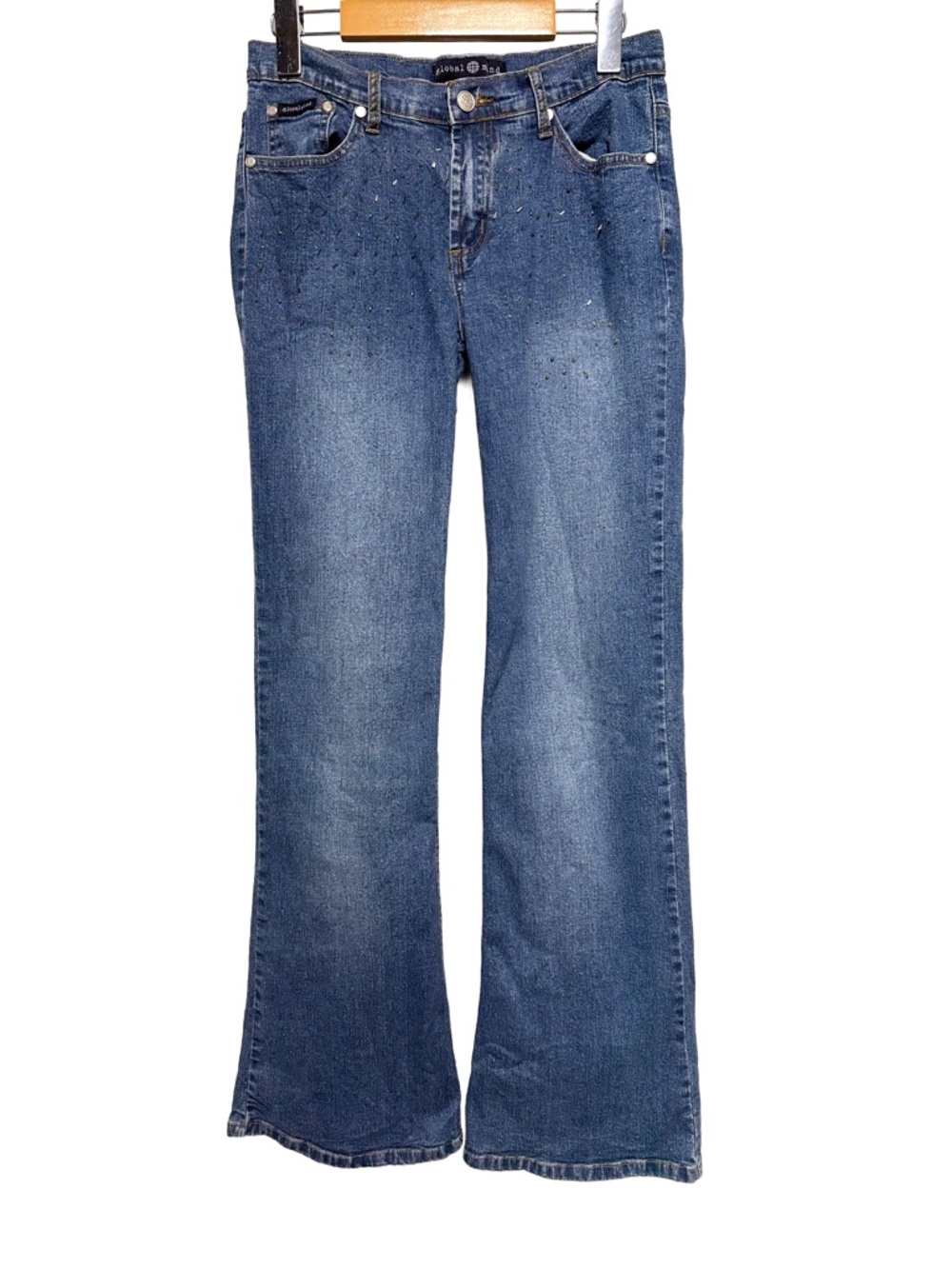 GLOBAL MIND Beaded Flare Jeans Y2K Bootcut Embellished Denim
